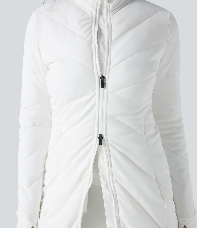 Stand Collar Double Zipper Thumb Holes Casual Padded Jacket with Pockets