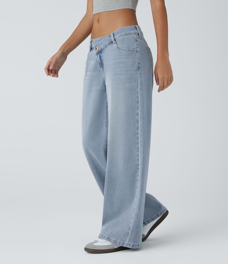 Halara Flex™ Asymmetric Low Rise Zipper Pockets Baggy Wide Leg Washed Casual Jeans