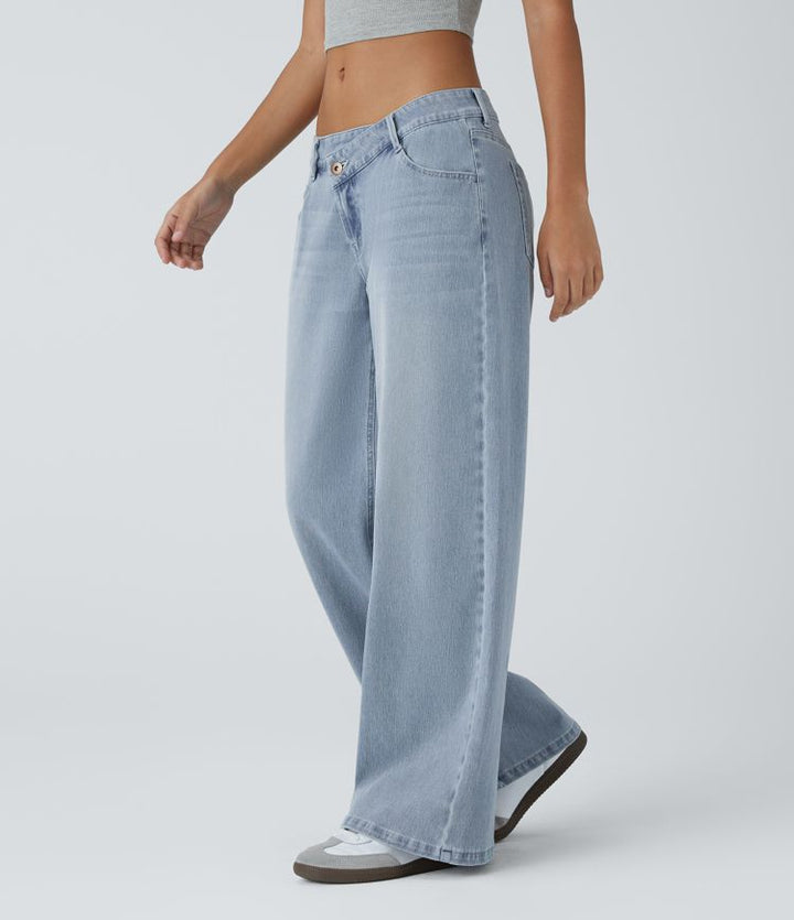 Halara Flex™ Asymmetric Low Rise Zipper Pockets Baggy Wide Leg Washed Casual Jeans