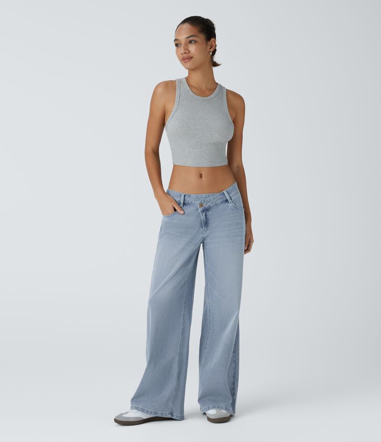 Halara Flex™ Asymmetric Low Rise Zipper Pockets Baggy Wide Leg Washed Casual Jeans