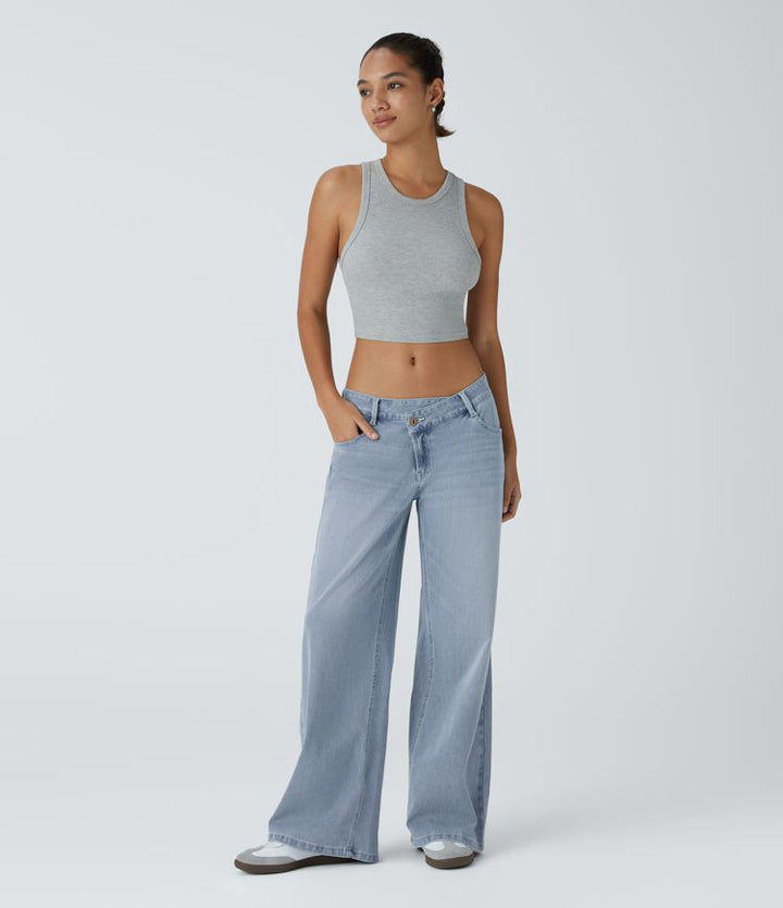 Halara Flex™ Asymmetric Low Rise Zipper Pockets Baggy Wide Leg Washed Casual Jeans