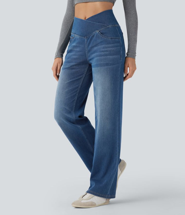 Lorèn Flex™ Crossover High Waisted Tummy Control Casual Straight Leg Jeans with Pockets