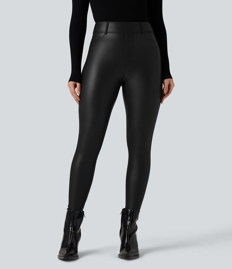 High Waisted Stretchy PU Fleece Casual Trousers with Pockets