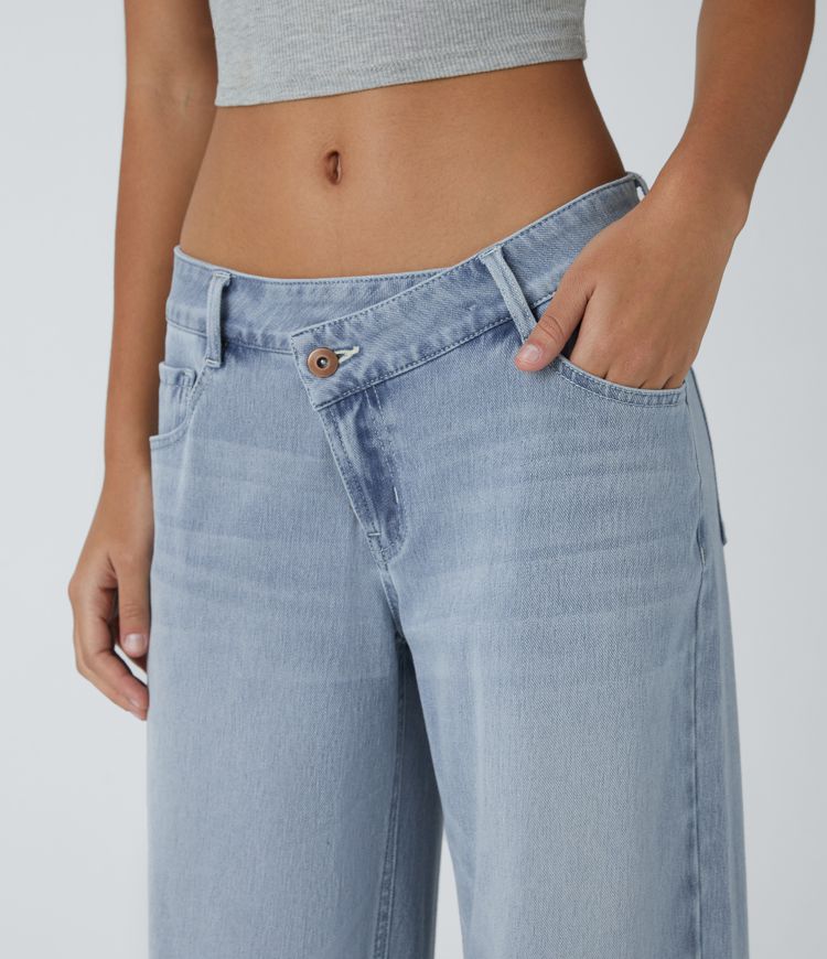Halara Flex™ Asymmetric Low Rise Zipper Pockets Baggy Wide Leg Washed Casual Jeans