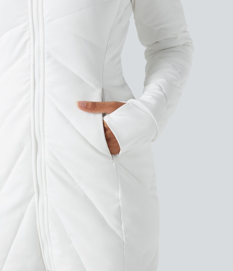 Stand Collar Double Zipper Thumb Holes Casual Padded Jacket with Pockets