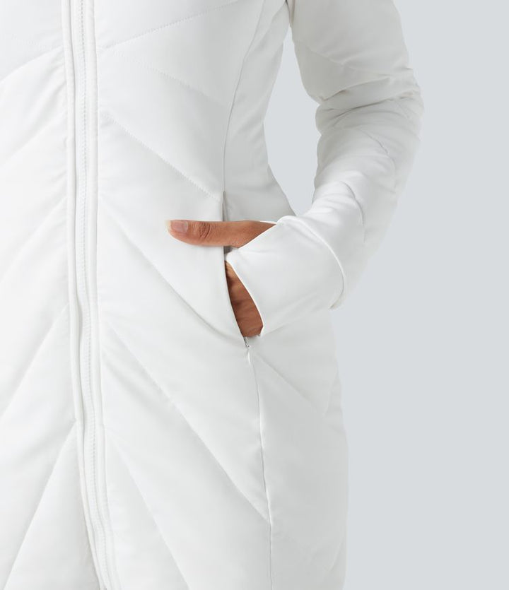 Stand Collar Double Zipper Thumb Holes Casual Padded Jacket with Pockets