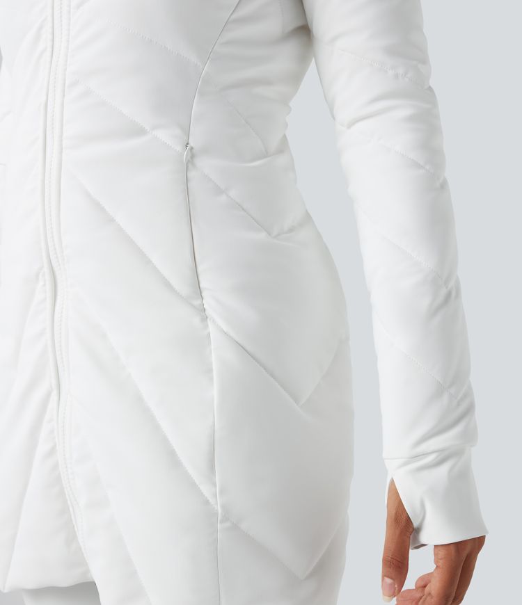 Stand Collar Double Zipper Thumb Holes Casual Padded Jacket with Pockets