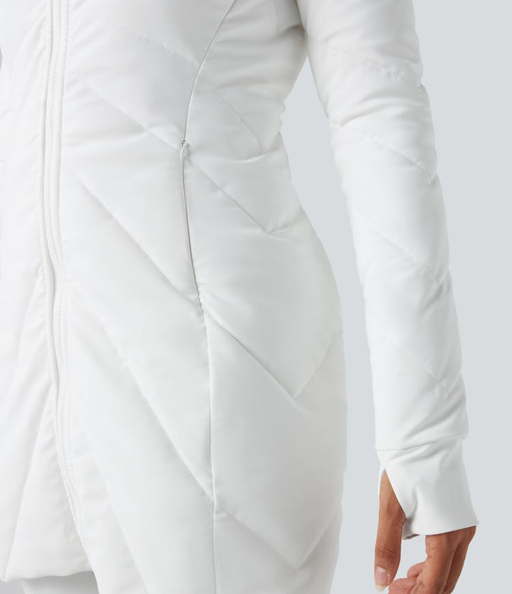 Stand Collar Double Zipper Thumb Holes Casual Padded Jacket with Pockets