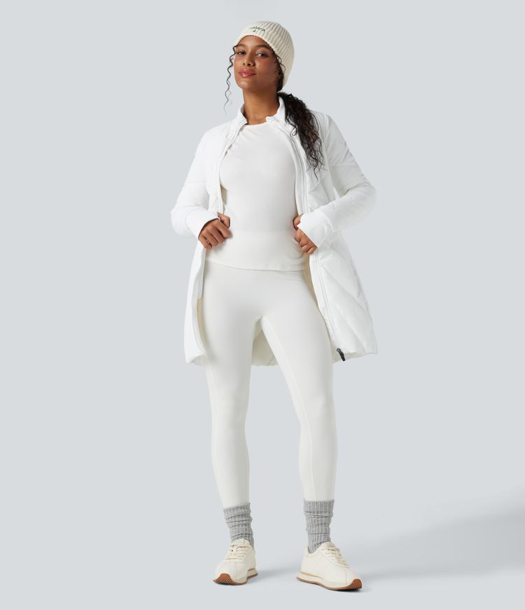 Stand Collar Double Zipper Thumb Holes Casual Padded Jacket with Pockets