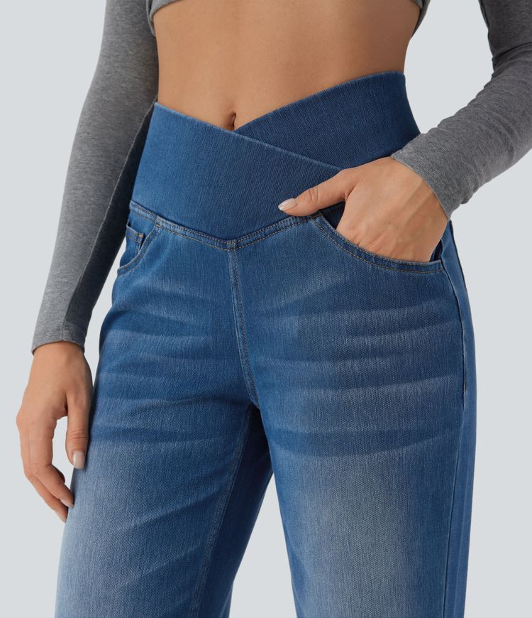 Lorèn Flex™ Crossover High Waisted Tummy Control Casual Straight Leg Jeans with Pockets