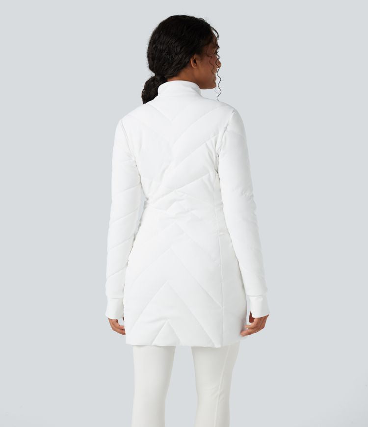 Stand Collar Double Zipper Thumb Holes Casual Padded Jacket with Pockets