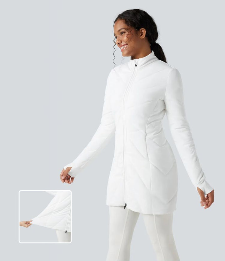 Stand Collar Double Zipper Thumb Holes Casual Padded Jacket with Pockets