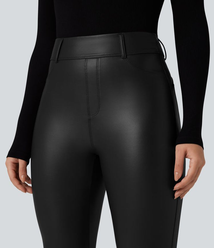 High Waisted Stretchy PU Fleece Casual Trousers with Pockets