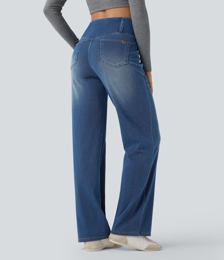 Lorèn Flex™ Crossover High Waisted Tummy Control Casual Straight Leg Jeans with Pockets