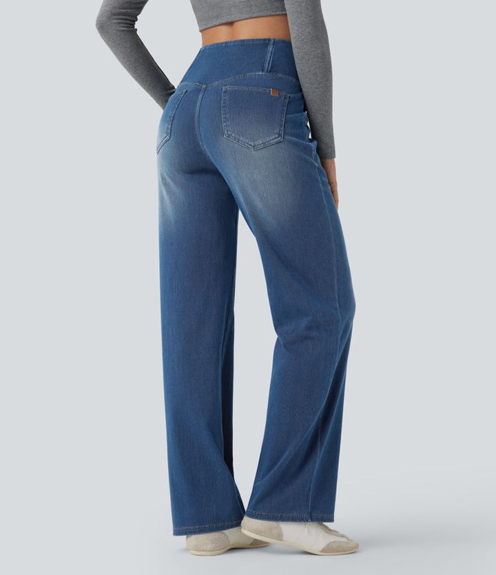 Lorèn Flex™ Crossover High Waisted Tummy Control Casual Straight Leg Jeans with Pockets