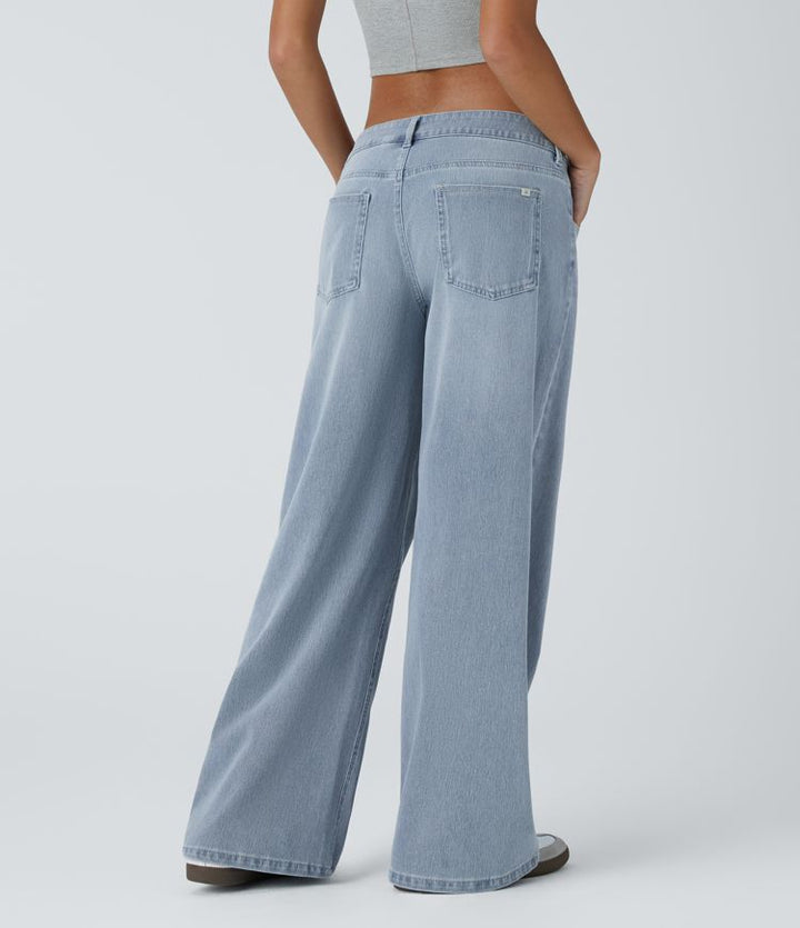 Halara Flex™ Asymmetric Low Rise Zipper Pockets Baggy Wide Leg Washed Casual Jeans