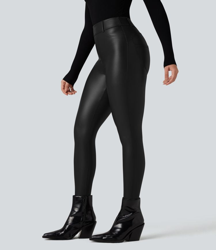 High Waisted Stretchy PU Fleece Casual Trousers with Pockets