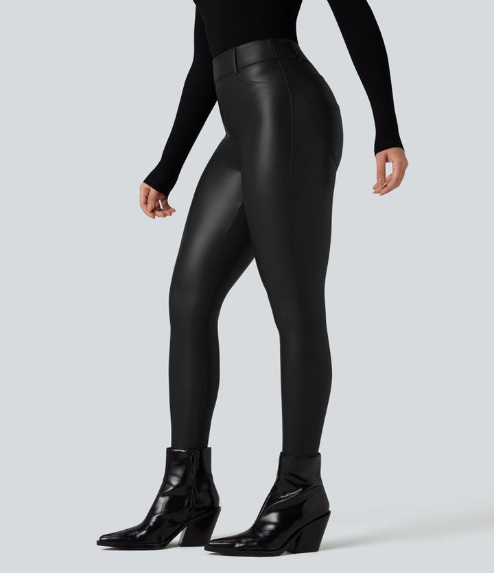 High Waisted Stretchy PU Fleece Casual Trousers with Pockets