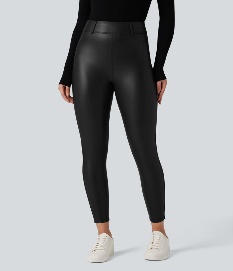 High Waisted Stretchy PU Fleece Casual Trousers with Pockets