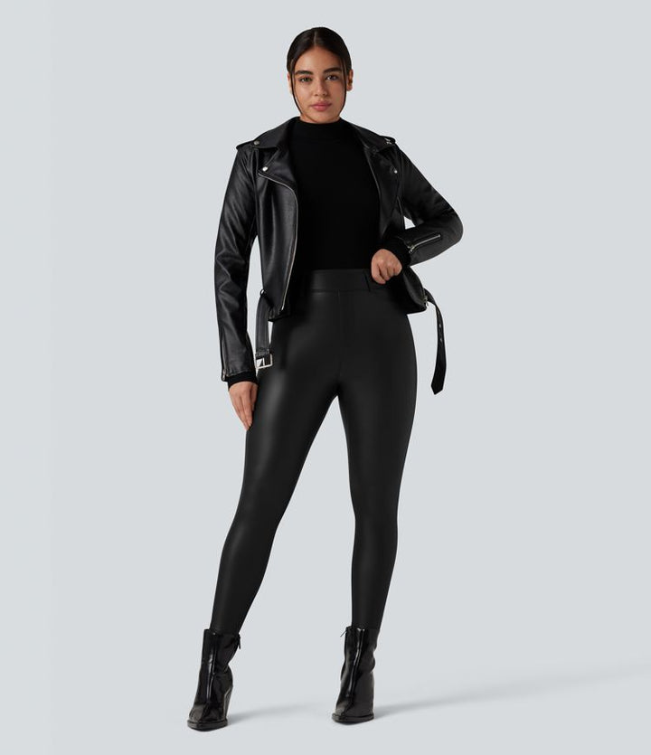 High Waisted Stretchy PU Fleece Casual Trousers with Pockets