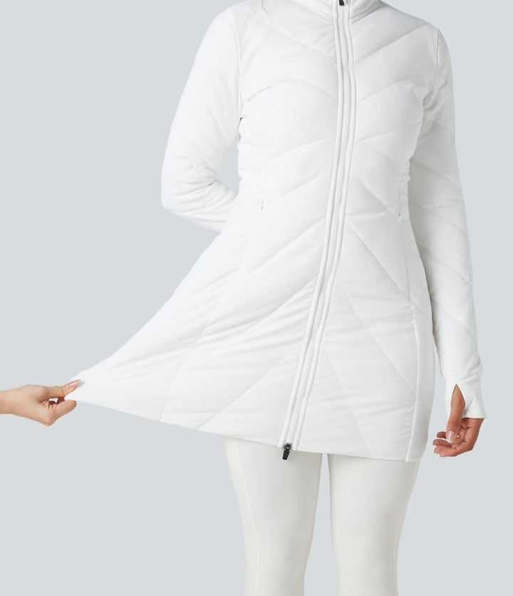 Stand Collar Double Zipper Thumb Holes Casual Padded Jacket with Pockets