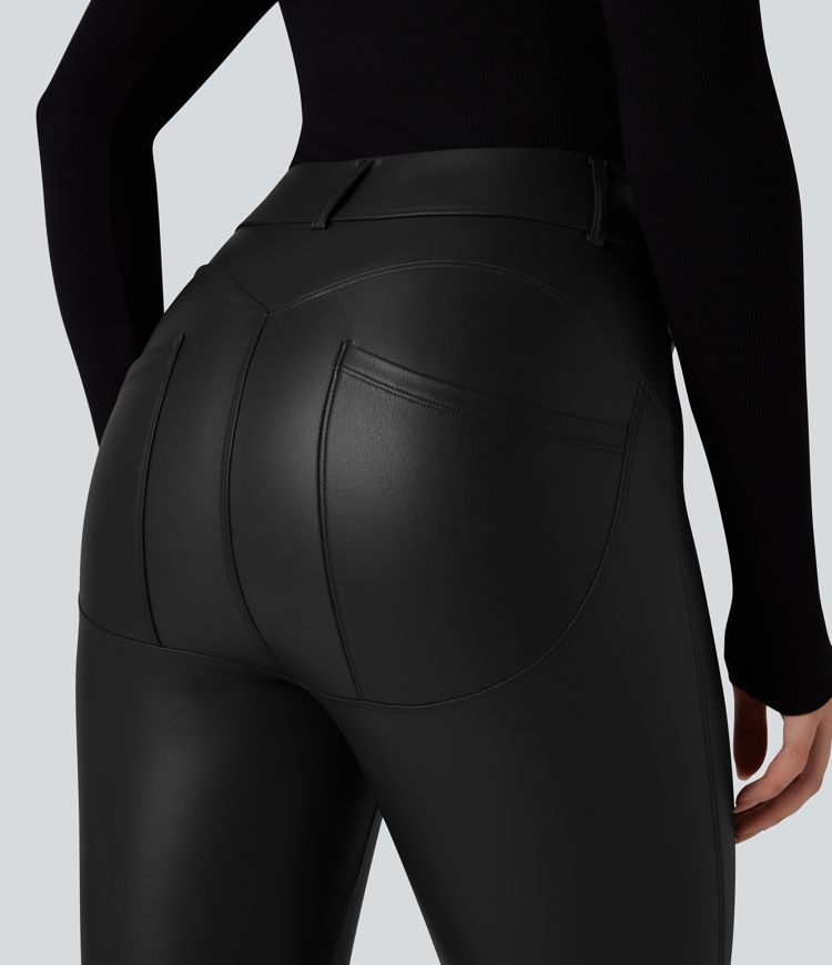 High Waisted Stretchy PU Fleece Casual Trousers with Pockets