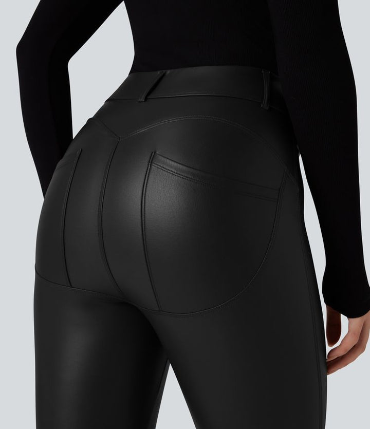 High Waisted Stretchy PU Fleece Casual Trousers with Pockets