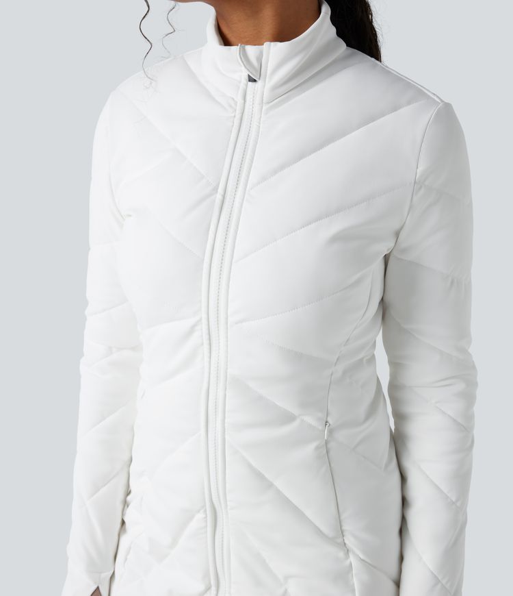 Stand Collar Double Zipper Thumb Holes Casual Padded Jacket with Pockets