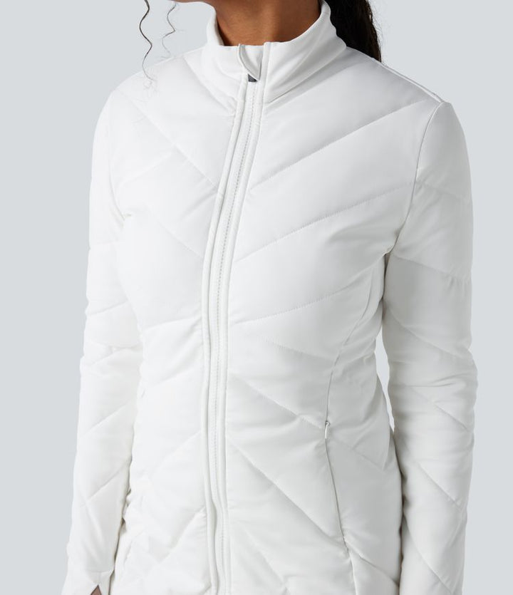 Stand Collar Double Zipper Thumb Holes Casual Padded Jacket with Pockets