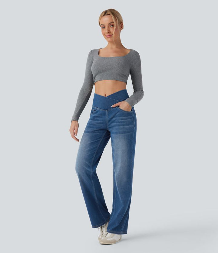 Lorèn Flex™ Crossover High Waisted Tummy Control Casual Straight Leg Jeans with Pockets