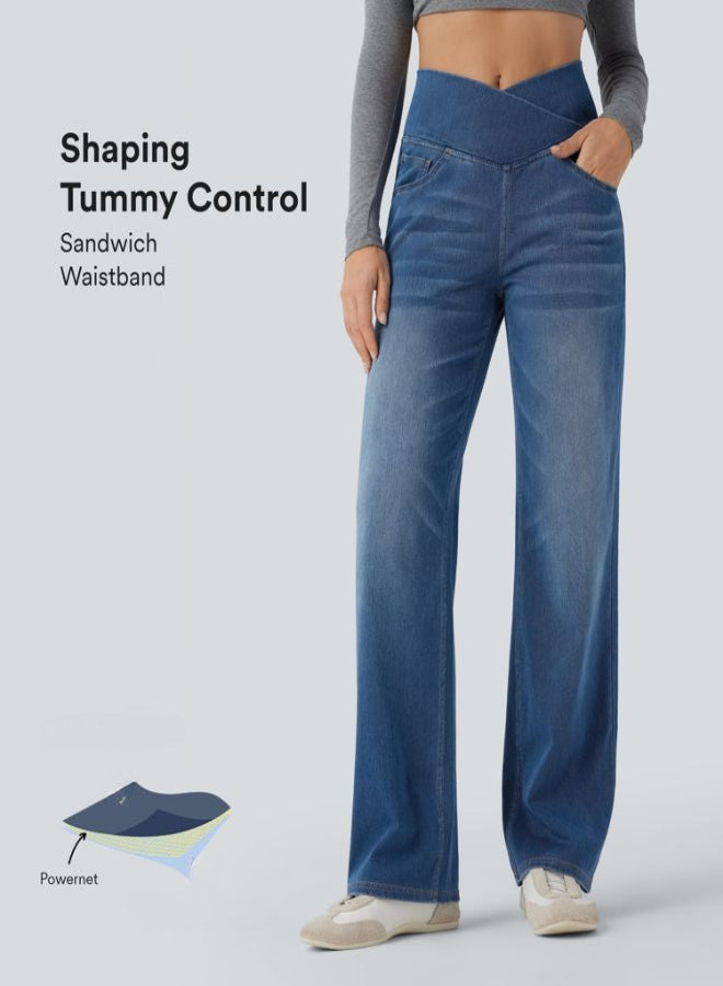 Lorèn Flex™ Crossover High Waisted Tummy Control Casual Straight Leg Jeans with Pockets