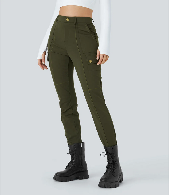 High Waisted Zipper Pockets Solid Skinny Cargo Pants