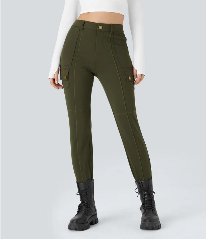 High Waisted Zipper Pockets Solid Skinny Cargo Pants