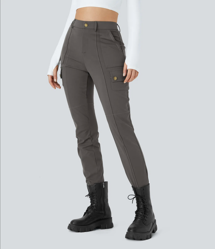 High Waisted Zipper Pockets Solid Skinny Cargo Pants