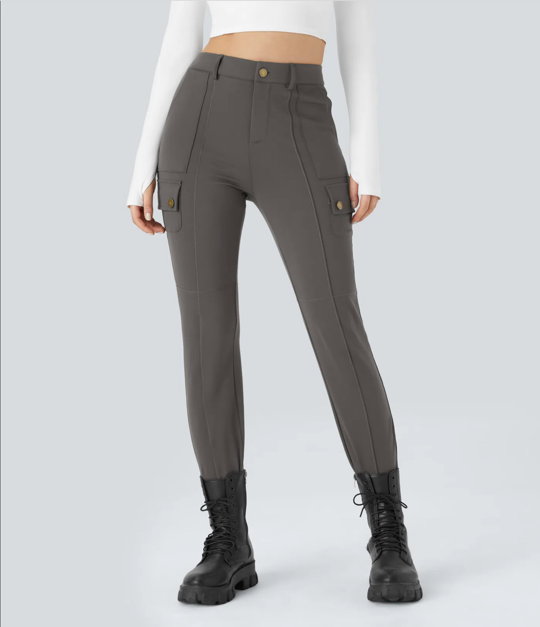 High Waisted Zipper Pockets Solid Skinny Cargo Pants