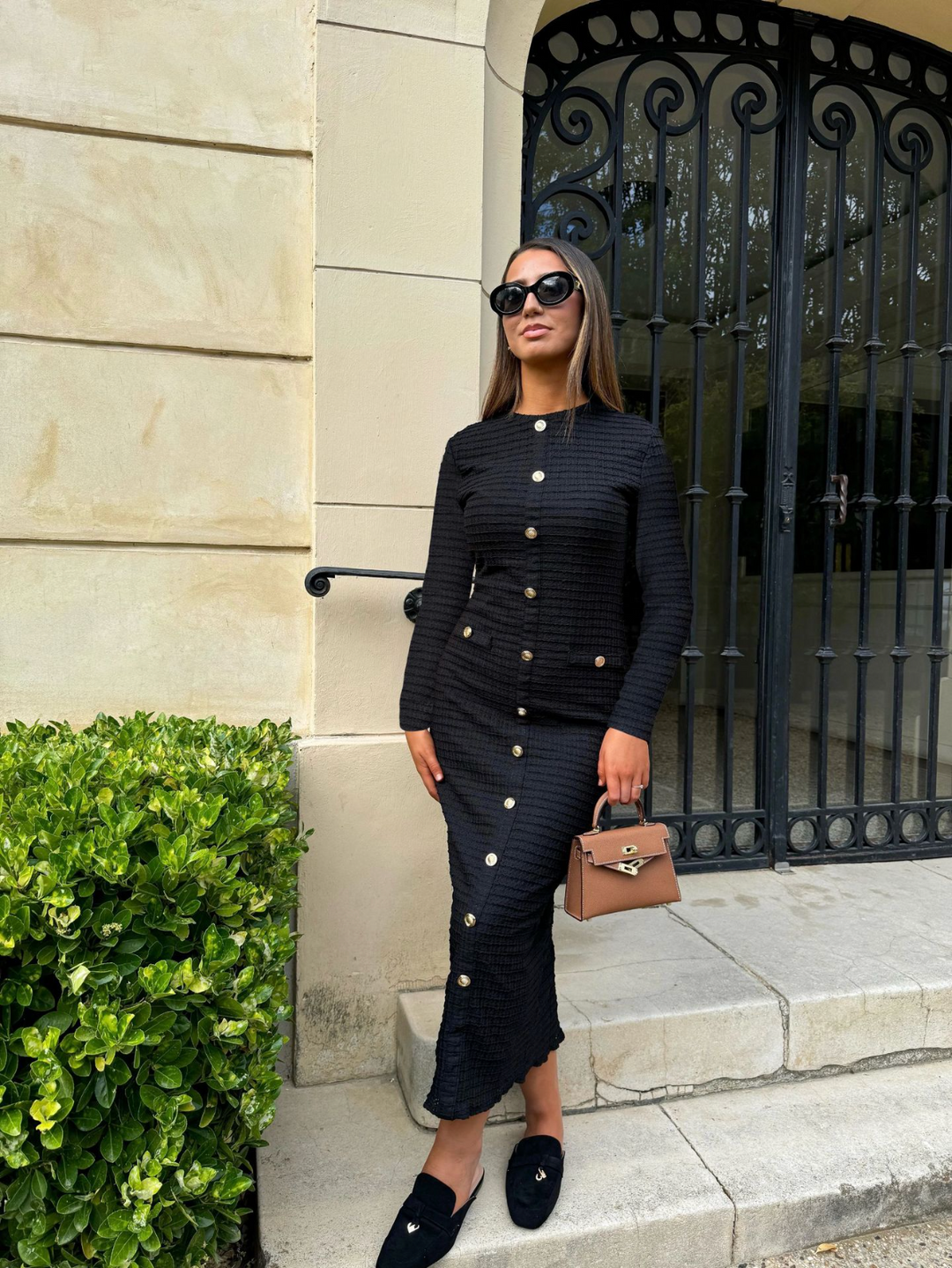 Ivory Tweed Button-Down Midi Dress With Patch Pockets