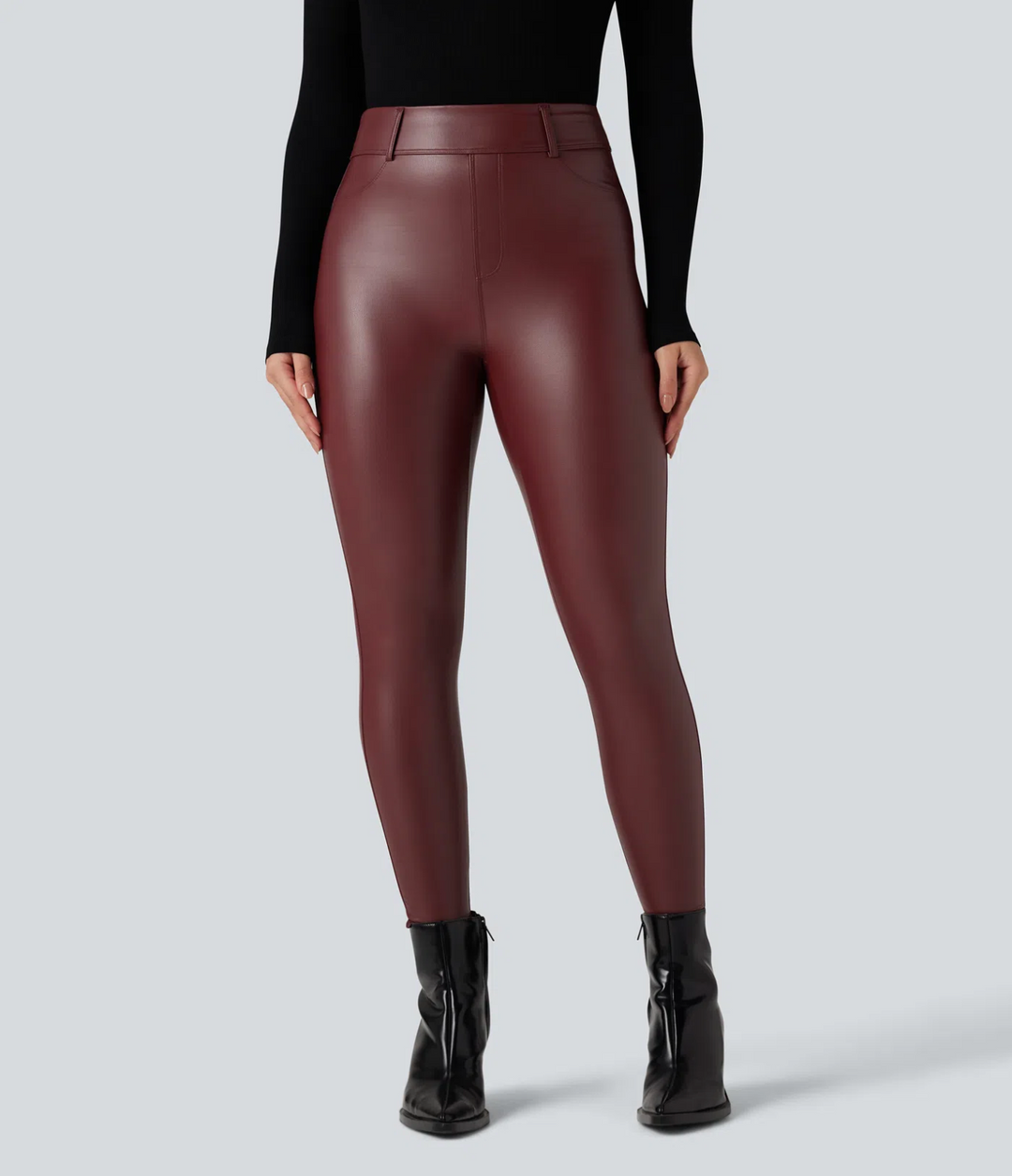 High Waisted Stretchy PU Fleece Casual Trousers with Pockets