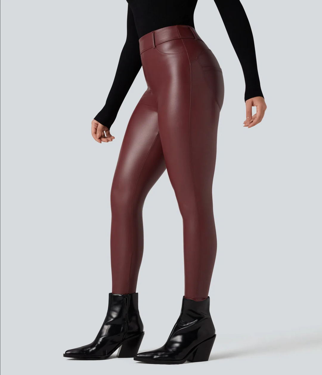 High Waisted Stretchy PU Fleece Casual Trousers with Pockets