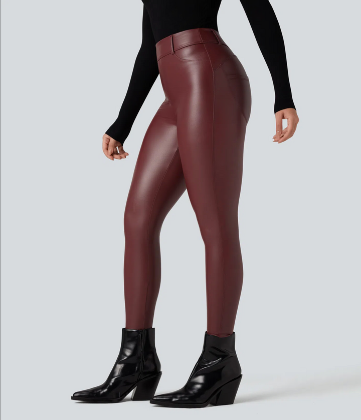 High Waisted Stretchy PU Fleece Casual Trousers with Pockets