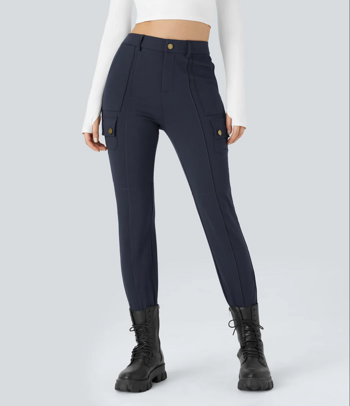 High Waisted Zipper Pockets Solid Skinny Cargo Pants