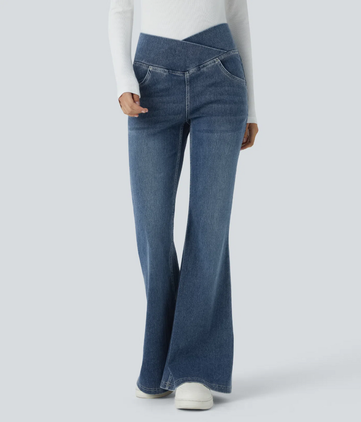 Lorèn Flex™ Crossover High Waisted Tummy Control Casual Straight Leg Jeans with Pockets