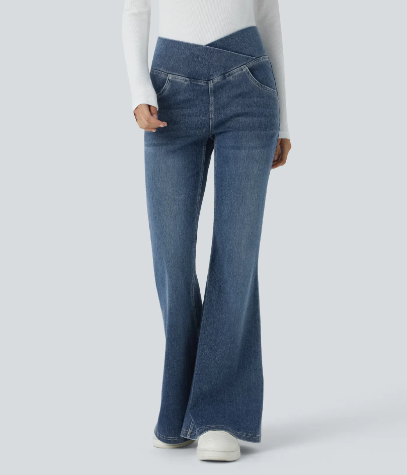 Lorèn Flex™ Crossover High Waisted Tummy Control Casual Straight Leg Jeans with Pockets