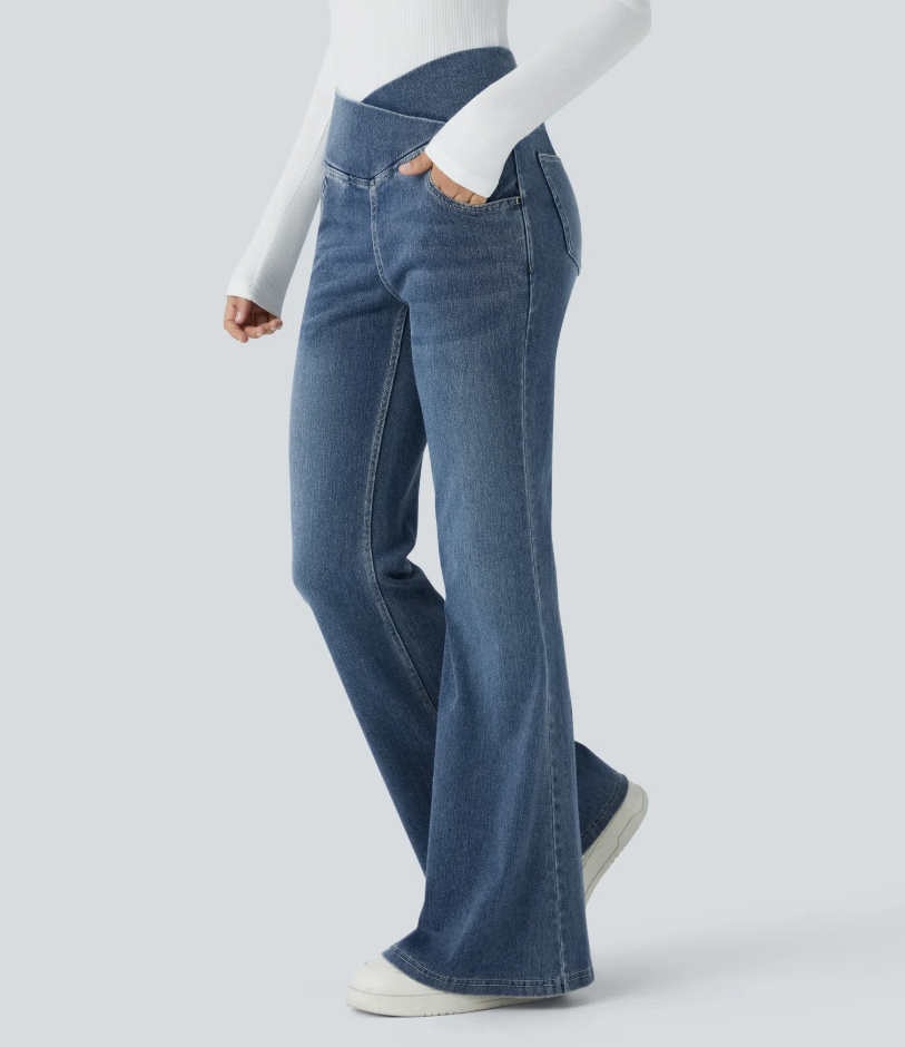 Lorèn Flex™ Crossover High Waisted Tummy Control Casual Straight Leg Jeans with Pockets