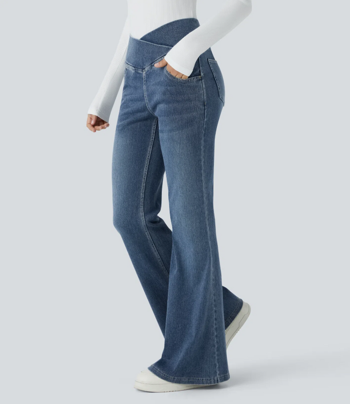 Lorèn Flex™ Crossover High Waisted Tummy Control Casual Straight Leg Jeans with Pockets