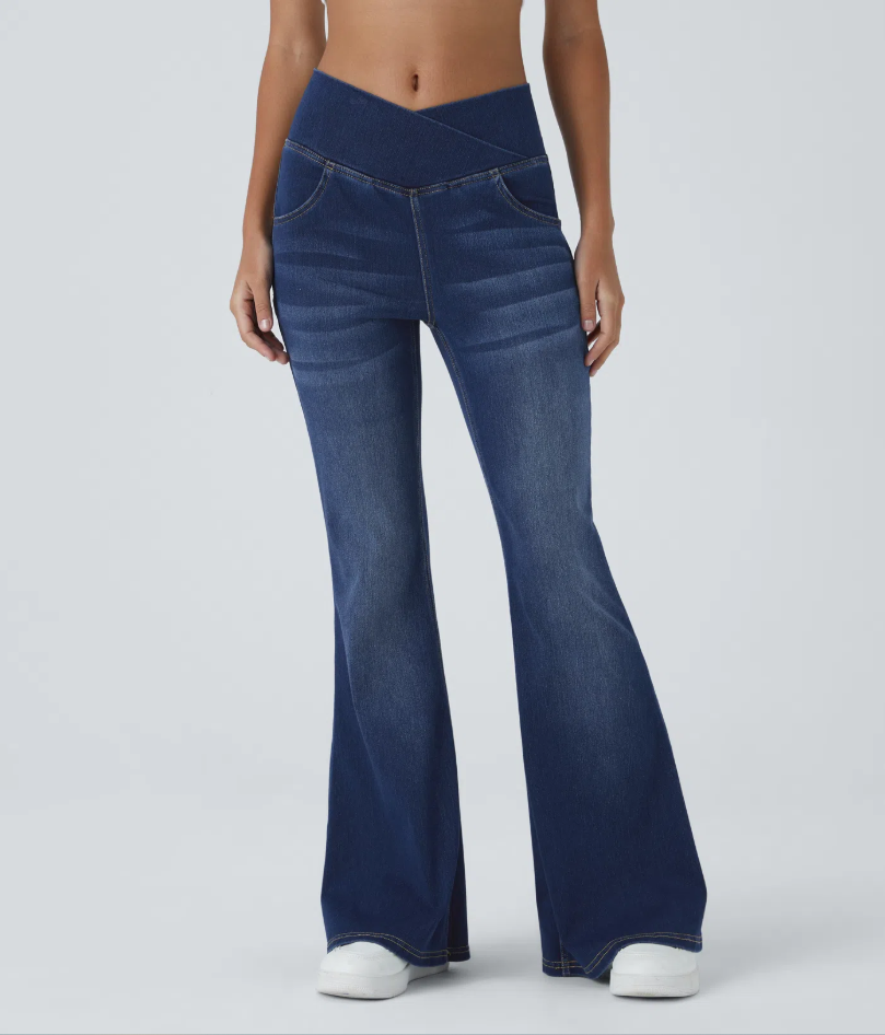 Lorèn Flex™ Crossover High Waisted Tummy Control Casual Straight Leg Jeans with Pockets