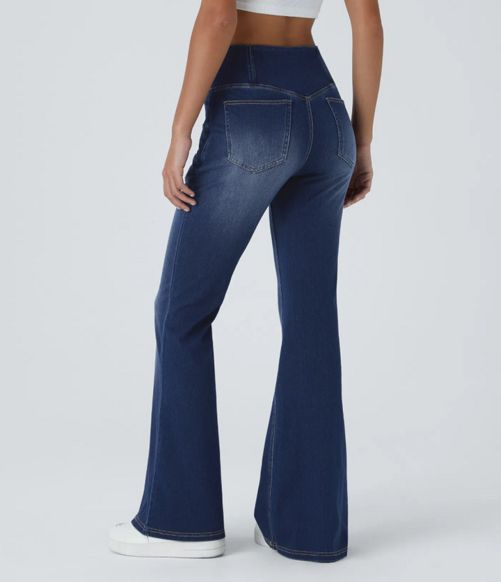 Lorèn Flex™ Crossover High Waisted Tummy Control Casual Straight Leg Jeans with Pockets