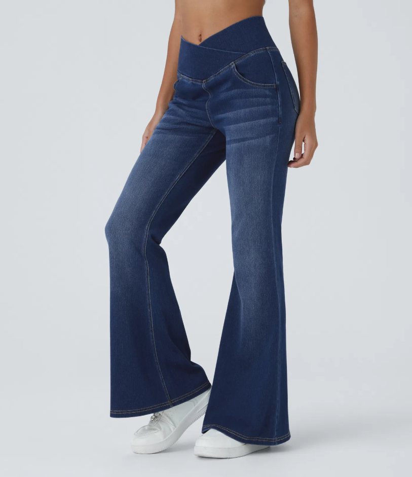 Lorèn Flex™ Crossover High Waisted Tummy Control Casual Straight Leg Jeans with Pockets
