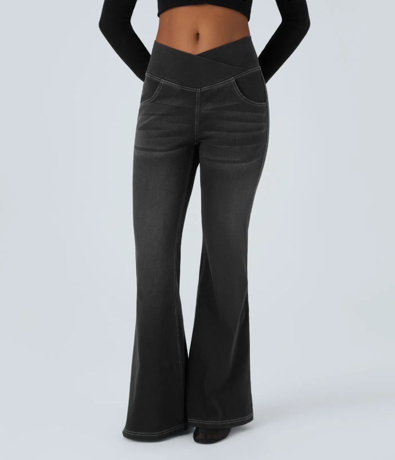 Lorèn Flex™ Crossover High Waisted Tummy Control Casual Straight Leg Jeans with Pockets