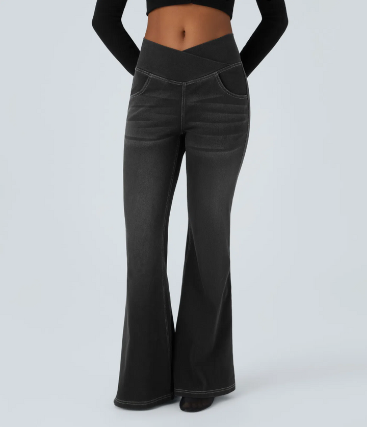 Lorèn Flex™ Crossover High Waisted Tummy Control Casual Straight Leg Jeans with Pockets