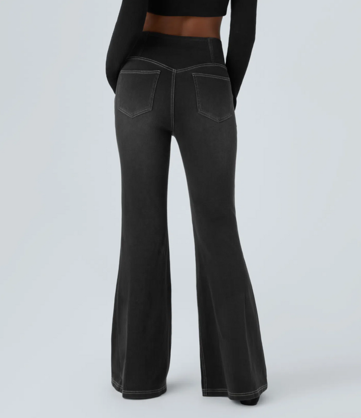 Lorèn Flex™ Crossover High Waisted Tummy Control Casual Straight Leg Jeans with Pockets